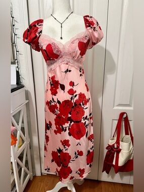 B Darlin Pink Satin Chemise with Red Floral Print and Lace Trim